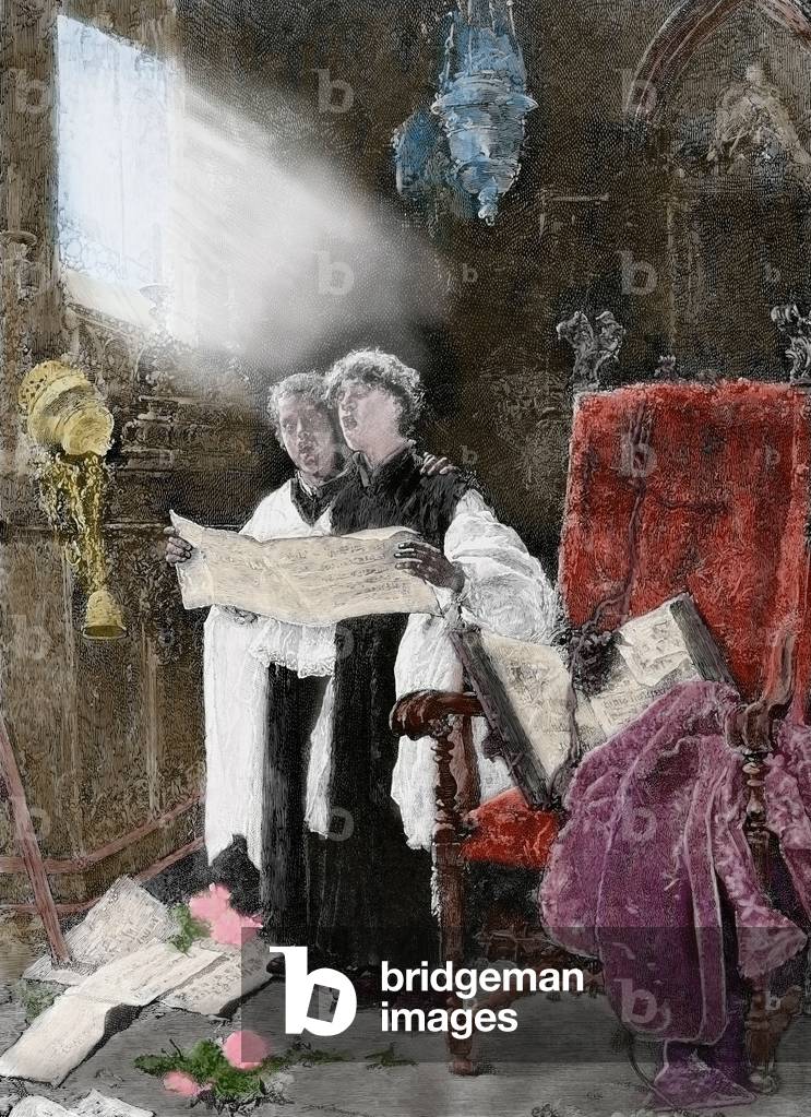 Spain. Altar server singing. Essay. Engraving1886