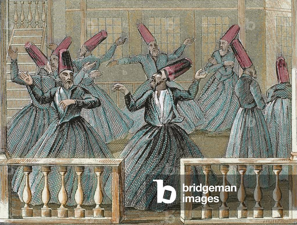 Dance of the Sufi dervishes. 19th century. Colored engraving.