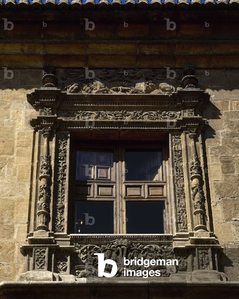 Spain, Andalusia, Granada. Royal Hospital. It was founded by the Catholic Monarchs who comissioned the building in 1504. Designed by the architect Enrique Egas, it was built in 1511. Architectural detail of one of the windows on the facade.