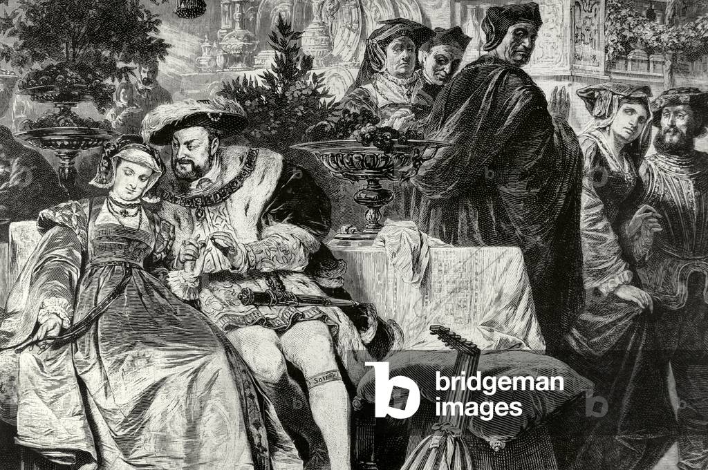 King Henry VIII  of England with Anne Boleyn  at the Palace of Cardinal Wolsey (engraving)
