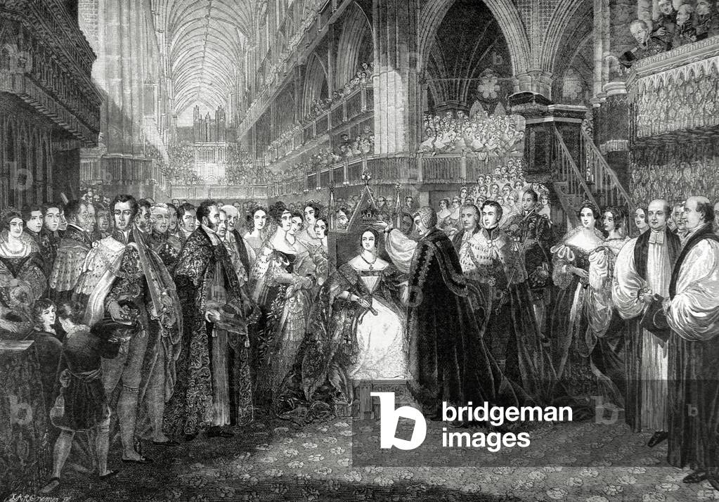 Coronation of Victoria as a Queen, 28 June 1838, in the Westminster Abbey by E. Cremer (engraving)