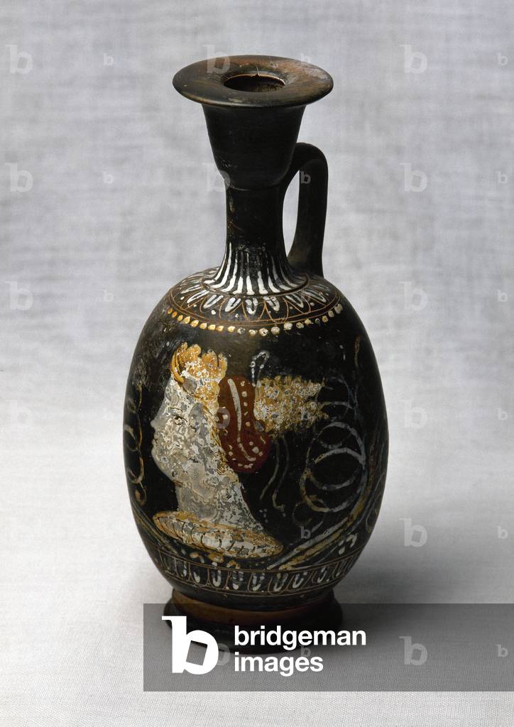 Aribalesque lekythos decorated with a head of woman, 4th century BC, from Egnatia, Magna Graecia