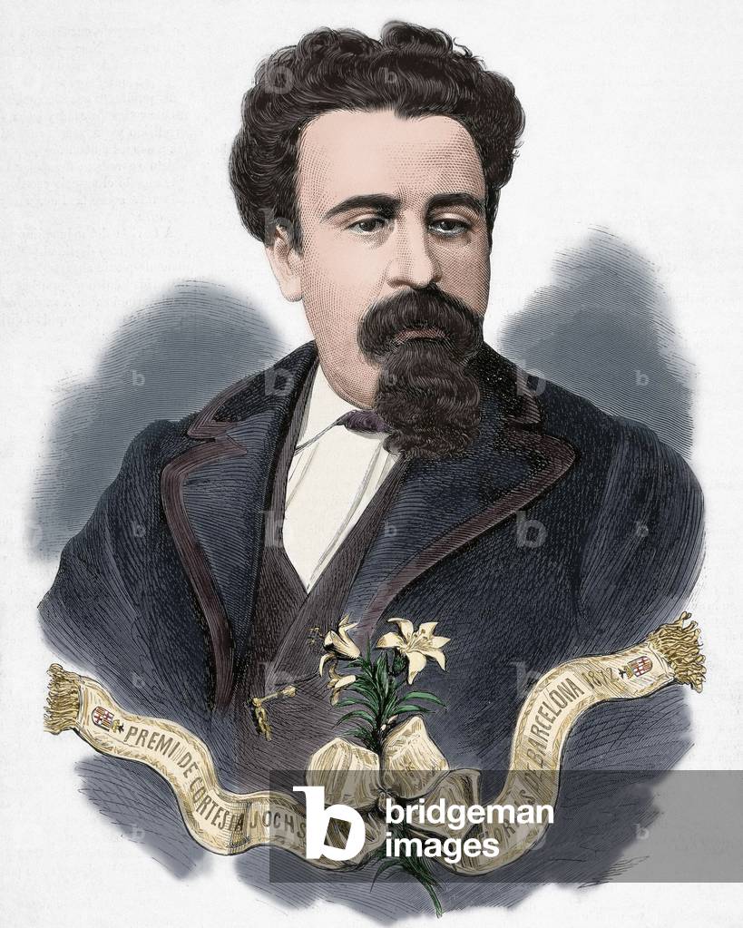 Frederic Soler i Hubert (1839-1895), known as Serafi Pitarra. Poet, dramatist and Spanish theater manager. Portrait. Engraving. 19th century. Colored.