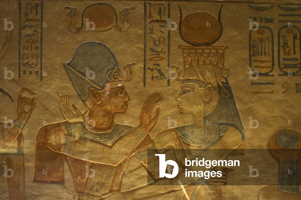 Tomb of Amen Khopshef.  Goddess Hathor with the prince. Valley of the Queens. Egypt.