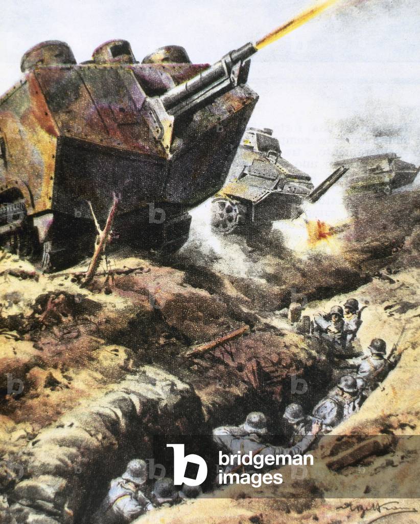 First World War. French tanks attacking the German lines near Reims. Spring 1918.