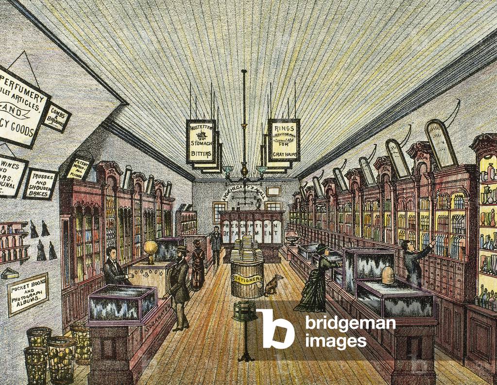 USA, New York, 19th century, Pharmacy, Inside view (colour engraving)
