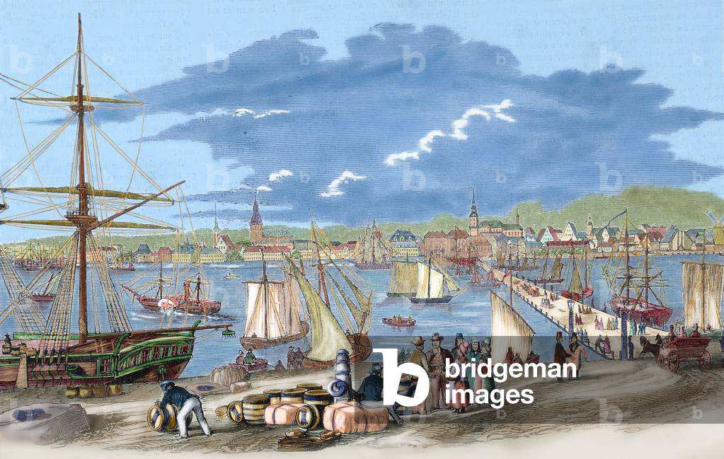 Russia. Riga. 19th century. Harbour. Engraving of 
