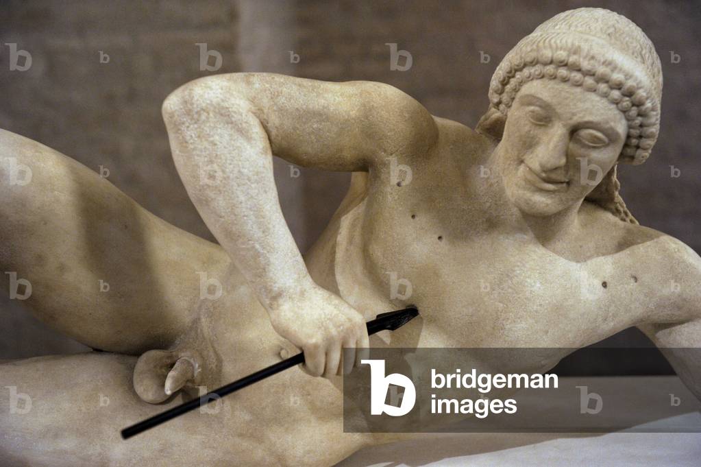 19th century reconstruction of the Aegina West Pediment. Temple of Aphaia. Greece.