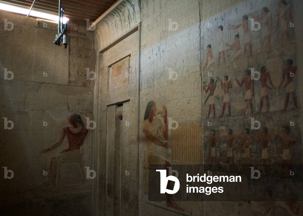 Relief, Deceased Ptahhotep seated before an offering table and with a glass smelling the regenerator perfume before the offering bearers, Mastaba of Ptahhotep and Akhethotep, Egypt