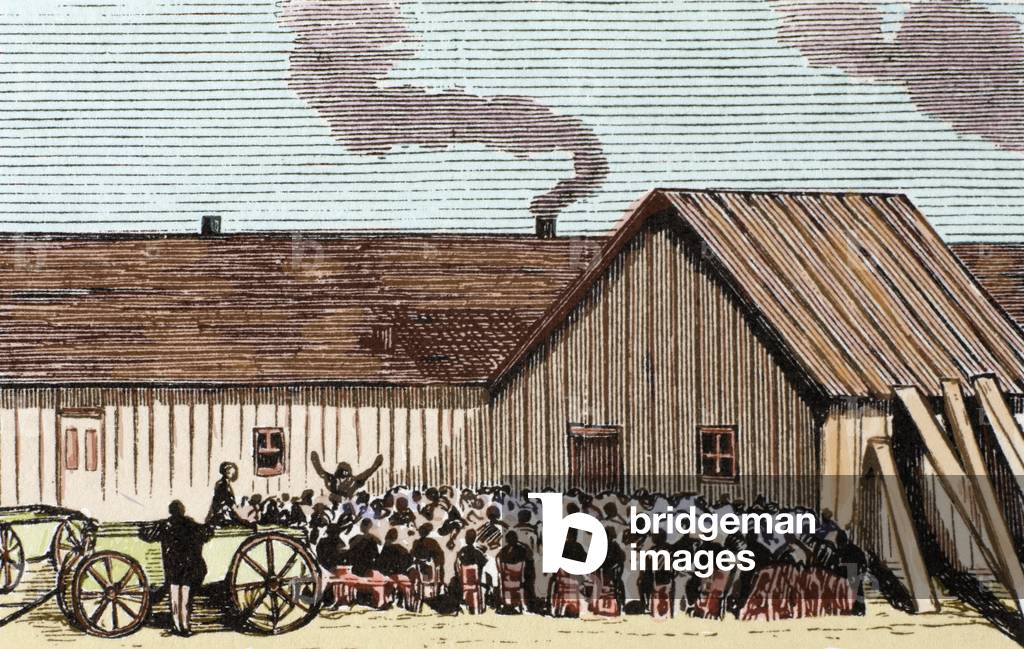 Mennonite religious service outside a hut, Kansas, illustration from 'Frank Leslie's Illustrated Newspaper', 1875 (engraving) (later colouration)