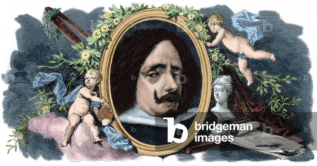 Diego Velazquez (1599-1660), Spanish painter, Portrait (colour engraving)