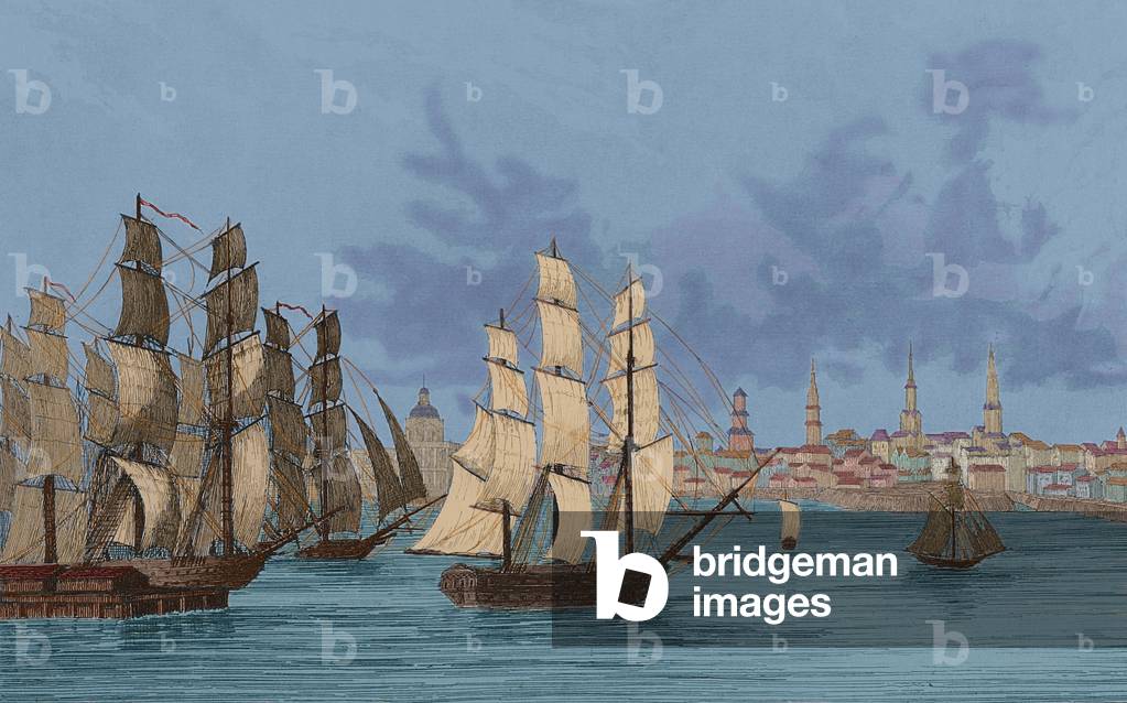 American Revolutionary War. Departure of the British fleet from Boston. On March 17, 1776. Engraving, 19th century