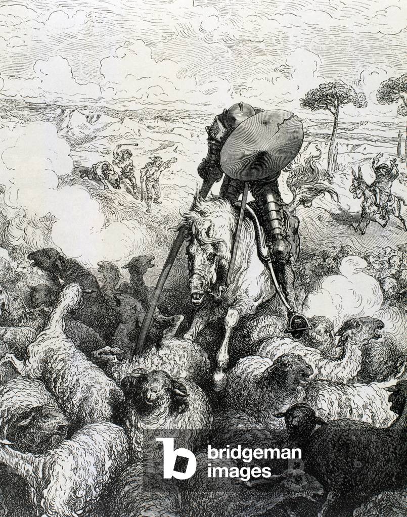 Spanish literature. 'The Ingenious Hidalgo Don Quixote of La Mancha', Don Quixote attacking the flock of sheep and goats.