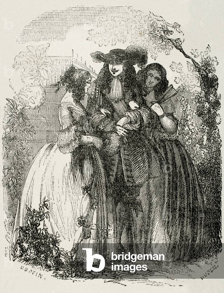The young king strolling with the Mancini sisters, nieces of Cardinal Mazarin (engraving)