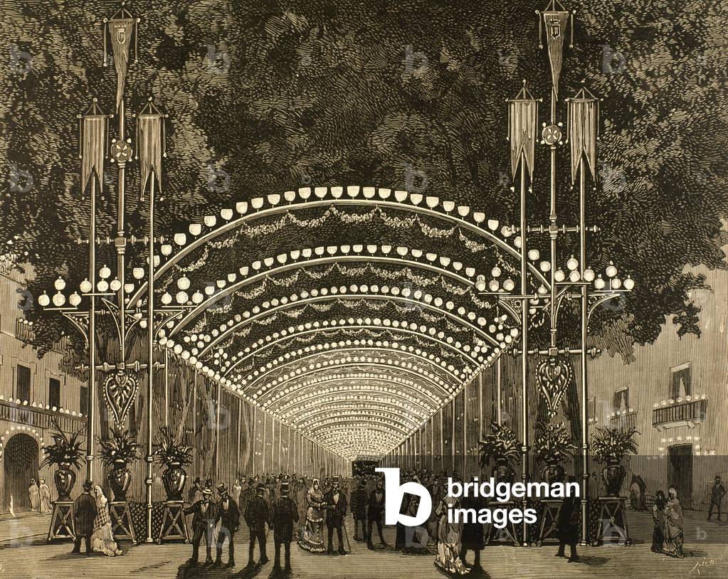 Spain. Barcelona. Lighting the Rambla during the festivity of The Merce. Engraving by Rico, 1877.