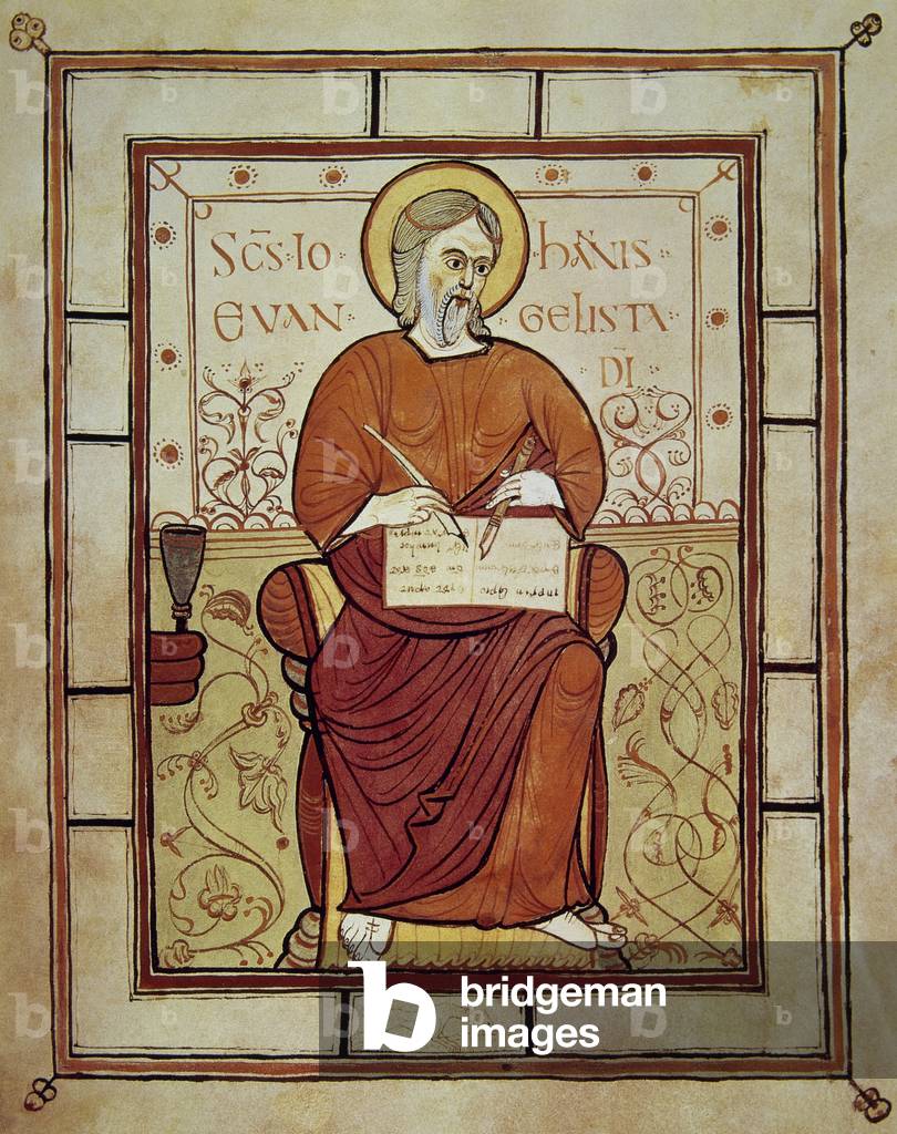 Saint John writing The Gospel. Miniature, 8th century.