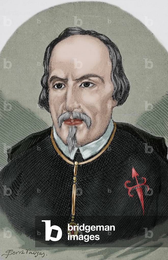 Pedro Calderon de la Barca (1600-1681). Engraving. Colored.