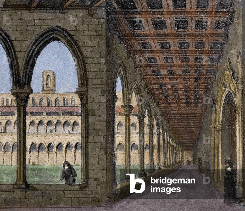 Spain. Barcelona. Monastery of Pedralbes. Cloister. Drawing by G. Mosteyrin. Colored.