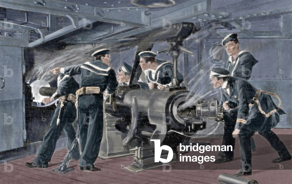 Russo-Japanese War (1904-1905), Opening fire aboard a Japanese battleship, 1904 (colour engraving)