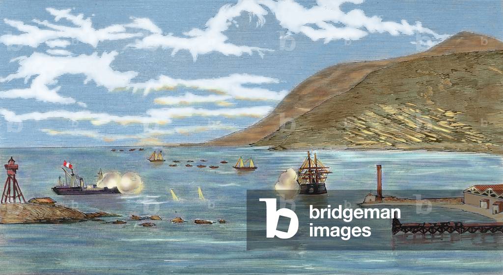 The Pacific War. Battle of Iquique. The Chilean corvette 'Esmeralda' is sunk by the Peruvian ironclad 'Huascar' on May 21, 1879. Colored engraving.