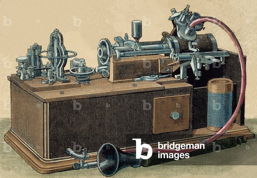 Phonograph invented in 1877 by Thomas Alva Edison (1847-1931),  Engraving, 19th century, Coloured