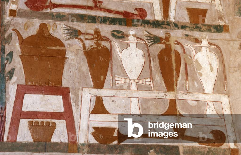 Polychrome limestone reliefs depicting essences and perfumes vessels offering. Temple of Hatshepsut. Egypt.