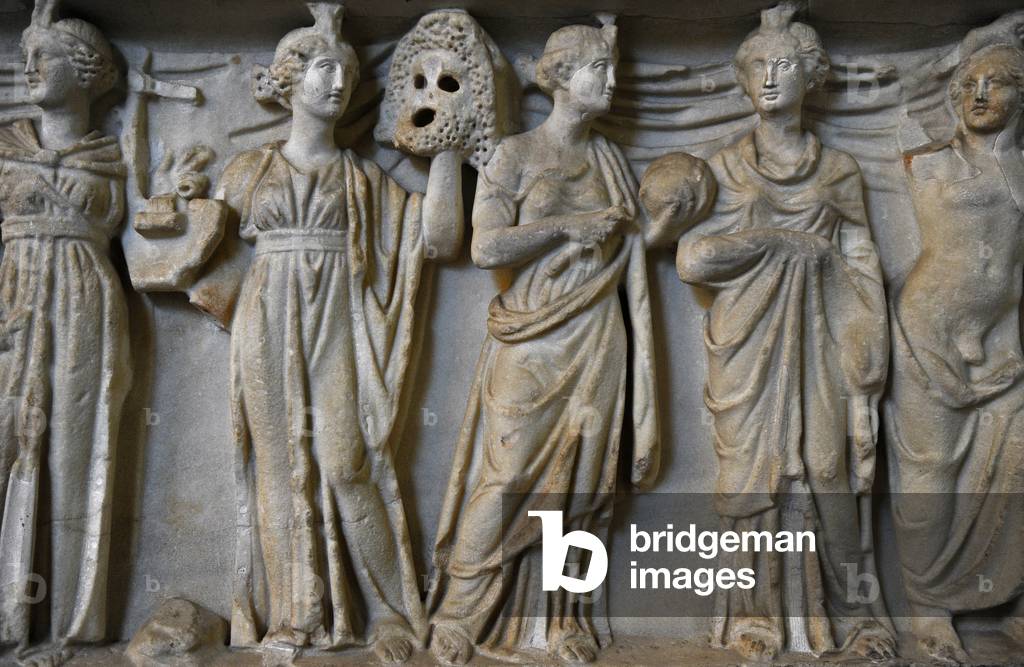 Roman sarcophagus. About 180 AD. Athena, Apollo and the nine Muses. Detail.
