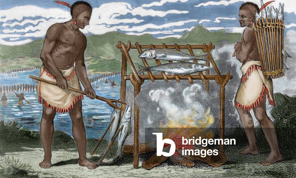 Ponca indians roasting fish (colour engraving)