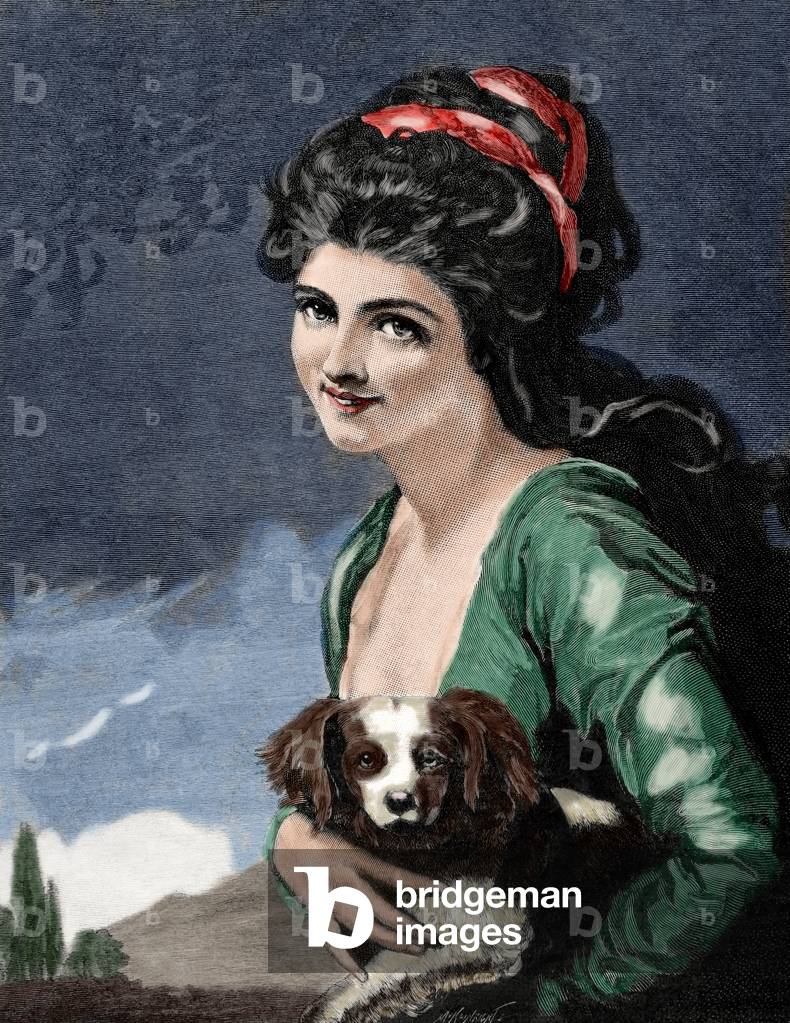 Emma, Lady Hamilton (1765-1815). Is best remembered as the mistress of Lord Nelson and as the muse of George Romney. Engraving. Colored.
