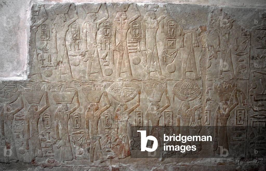 Polychrome relief depicting women bearing offerings, Mastaba of Mereruka, Saqqara, Egypt