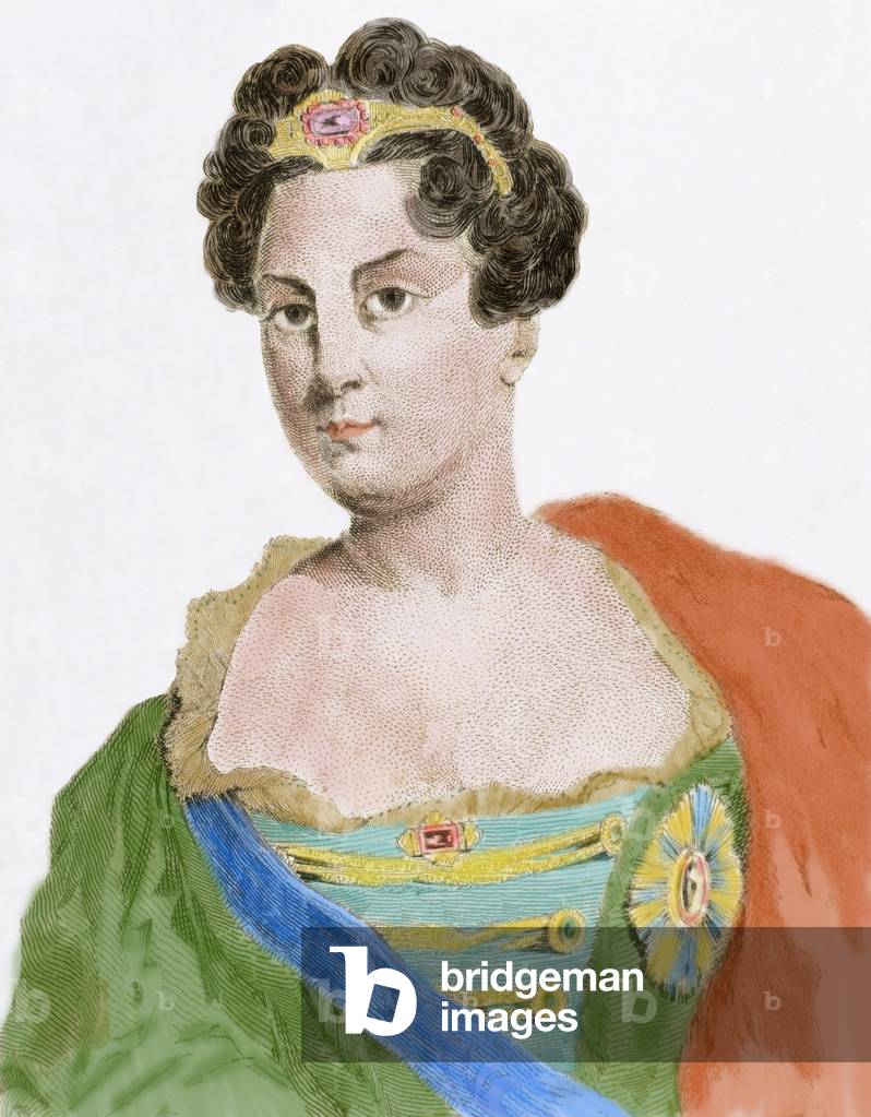 Catherine I of Russia( 1684-1727). Second wife of Peter I of Russia, reigned as Empress of Russia from 1725 until her death. Engraving. COLOURed. Latvia