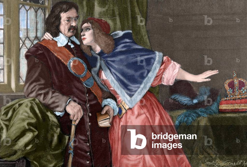 Oliver Cromwell (1599-1658) with his daughter Elizabeth Claypole (1629-1656). Engraving. Colored.