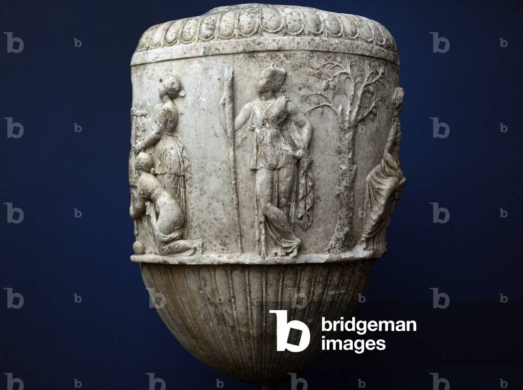 Fragment of a Krater. Italy 30-20 BC Artemis carries a torch as the Goddess of the Night and Darkness, and a quiver as the Goddess of the Hunt (marble)