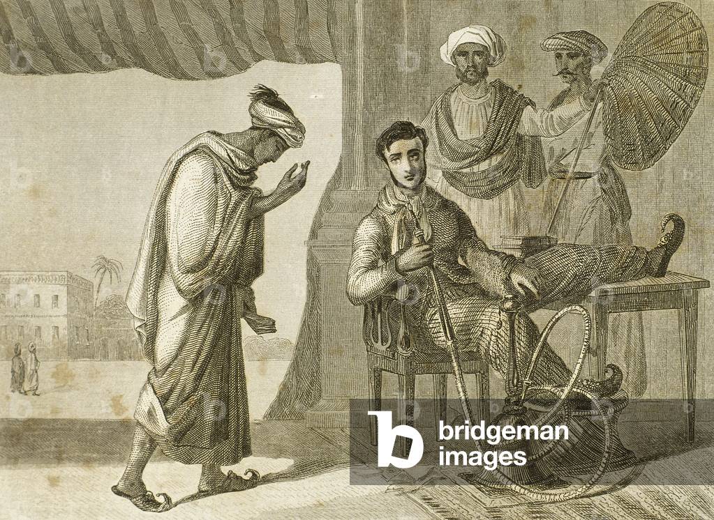 Servant greets his master (engraving)
