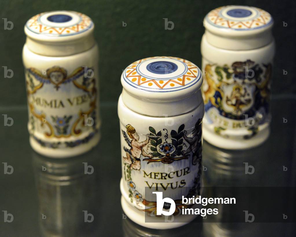 Pharmaceutical porcelain jars. Pharmacy Museum. Turku. Finland.