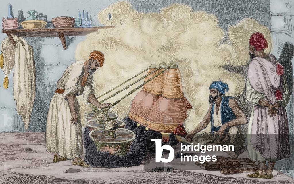 History of Arabia. Distillery. Engraving by Vernier. Later colouration.