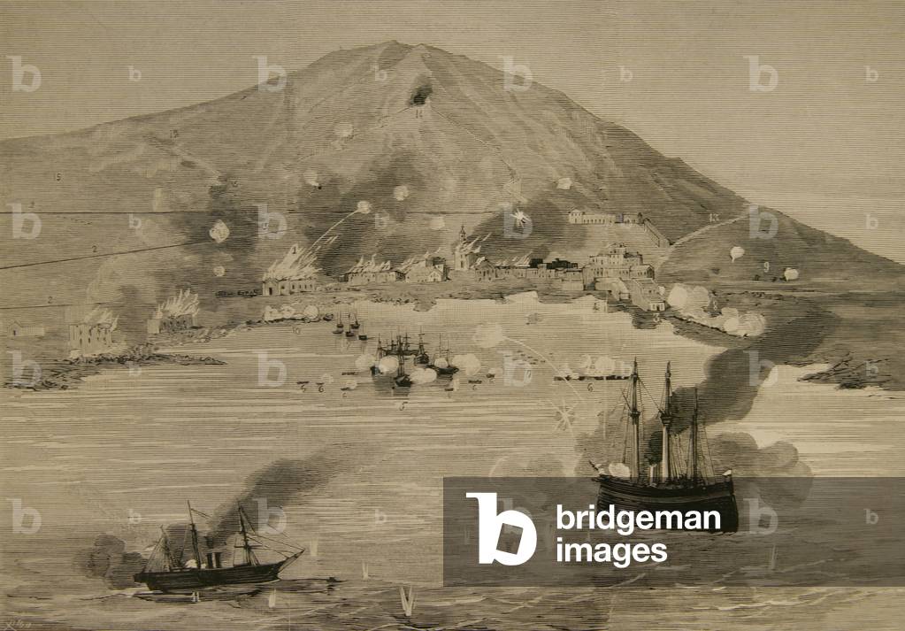 War of the Pacific.1879-1883. Conflict between Chile and Peru and Bolivia. Pisagua. Bombardment of the population by Chilean vessels, April 18, 1879, La Ilustracion Espanola y Americana, 1879 by Rico (engraving)