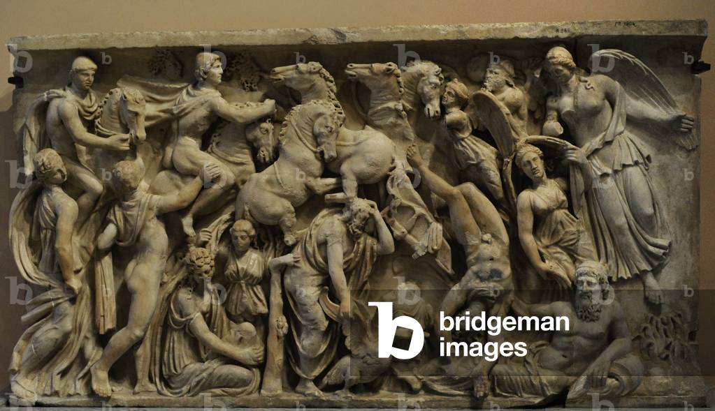 Roman art. Sarcophagus panel depicting the Fall of Phaeton.  2nd century AD. Marble.