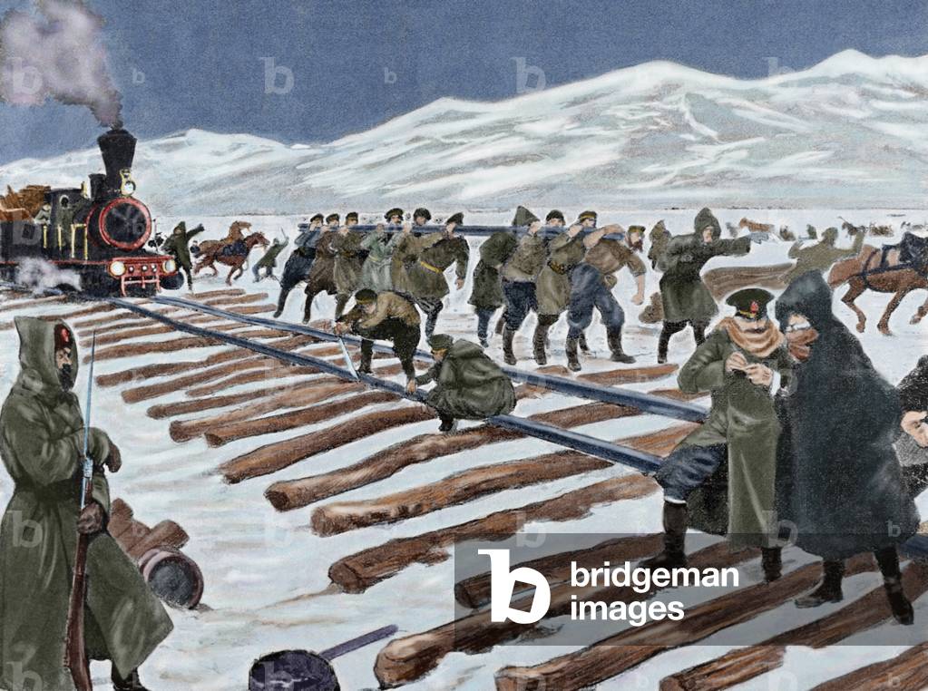Russo-Japanese War (1904-1905). Construction of a railroad across the ice on Lake Baikal. coloured engraving.