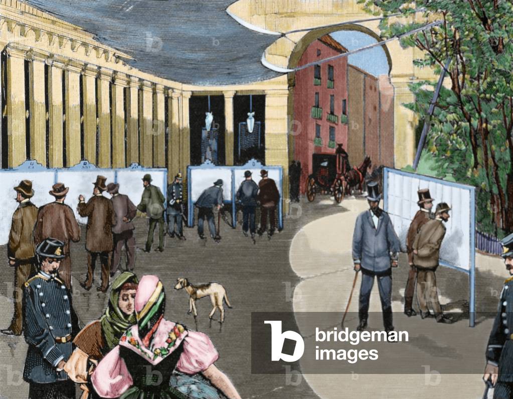 Exhibition of the electoral lists in Madrid, Spain, 1890 (coloured engraving)