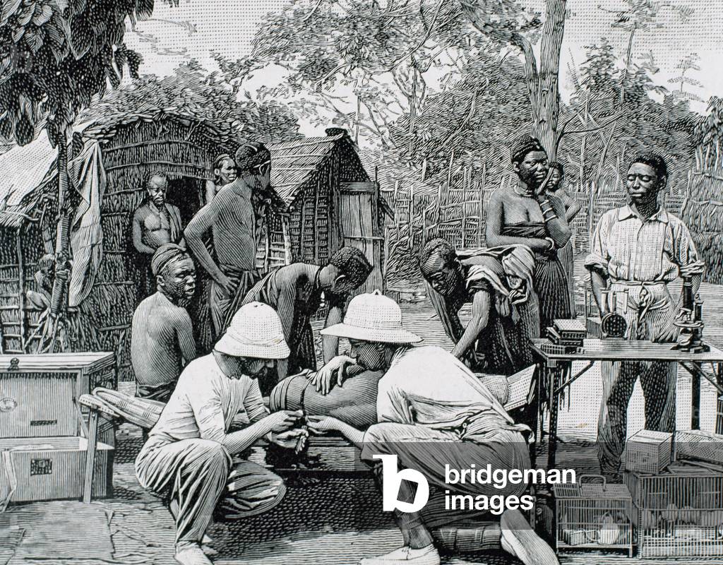 Africa. European doctors examining a native attacked by sleeping sickness. 1903.