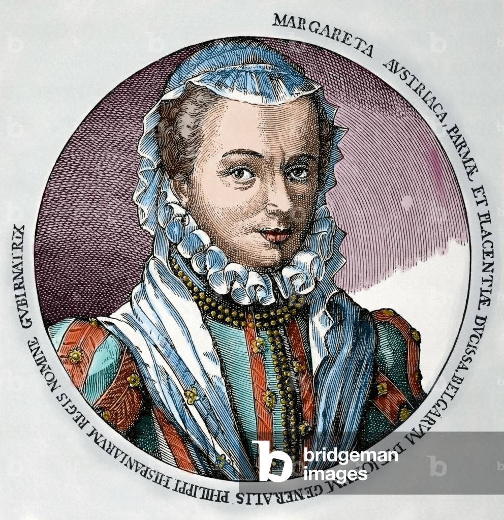 Margaret of Parma (1522-1586). Governor of the Netherlands from 1559-1567 and from 1578-1582. Engraving. coloured.