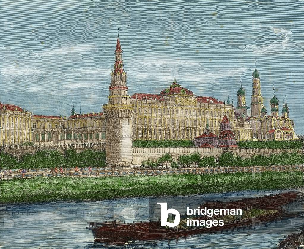 Russian. Moscow. Kremlin and Moskva River, 19th century (coloured engraving)