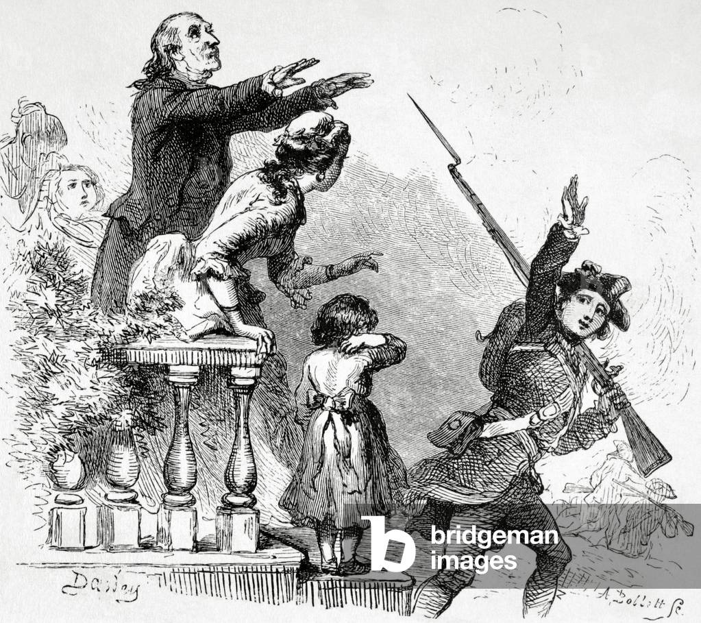 American Revolutionary War (1775-1783). Minuteman leaves toward the war while he is blessed by a priest (engraving)