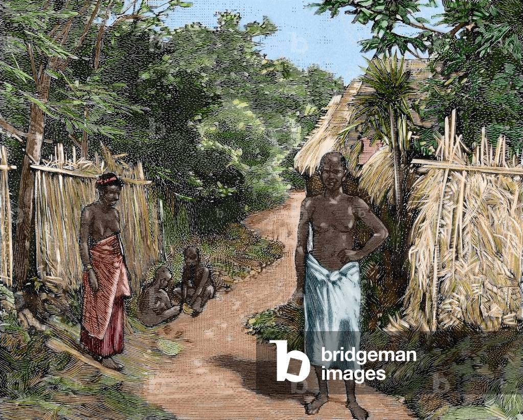 Africa. Dahomey. A street of Porto-Novo. Official residence of the French governor (colour engraving)