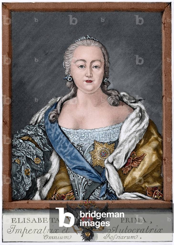 Portrait of the Impress of Russia Elisabeth Petrovna (Elisabeth Iere) (1709-1762) - Coloured Engraving after E. Chemesov, 1761 - (Empress Elizabeth of Russia - Copy of engraving of E. Chemesov, 1761, Colored)