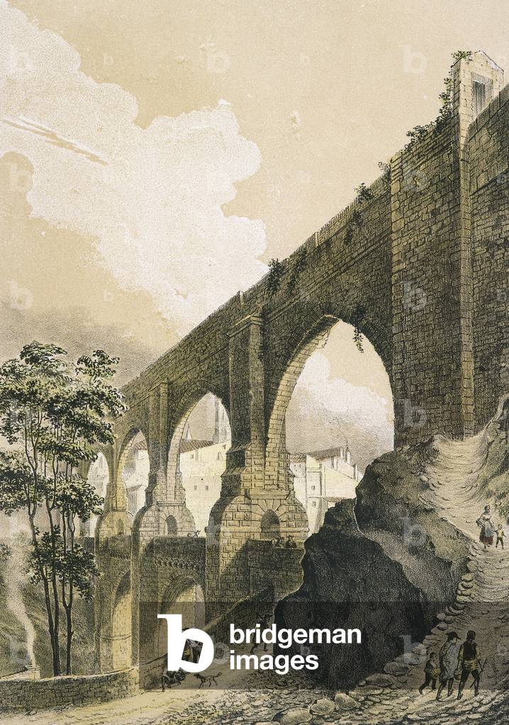 Teruel, Aragon, Spain, Los Arcos Aqueduct (colour litho)