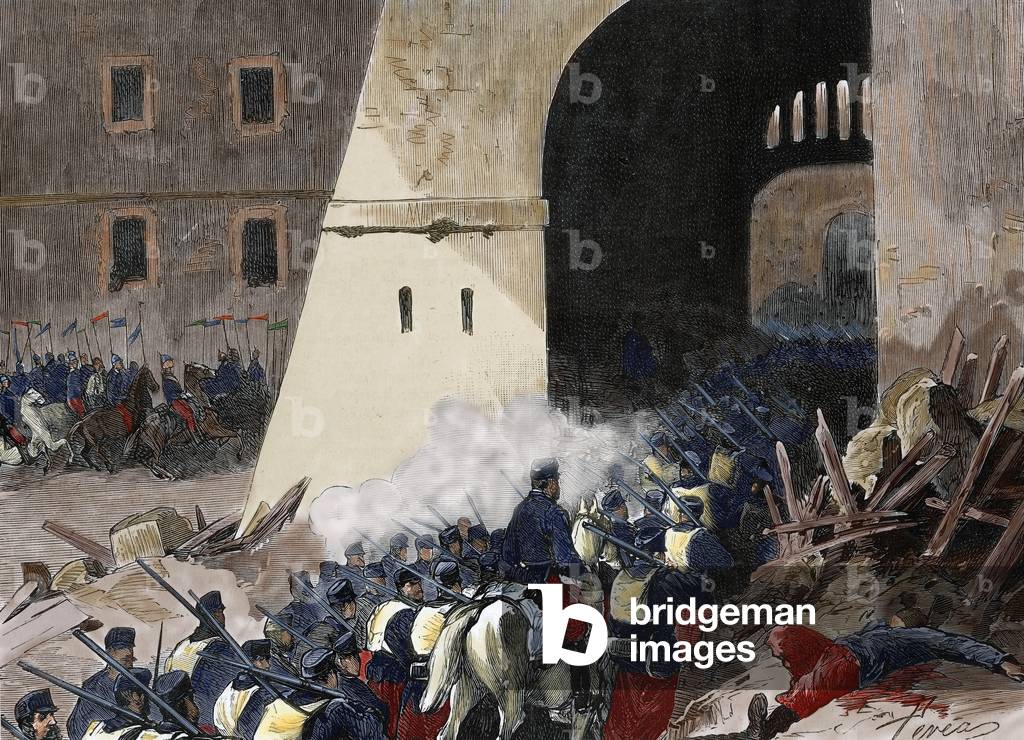 Spain. Third Carlist War (1872-1876). Martinez -Campos (1831-1900) conquered  Miravet Castle, on June 24, 1875. Catalonia. Engraving. Colored.