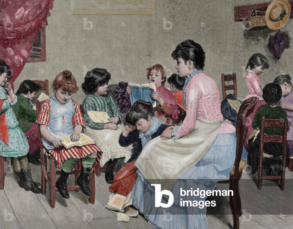 Girls' school. Engraving, 19th century. 