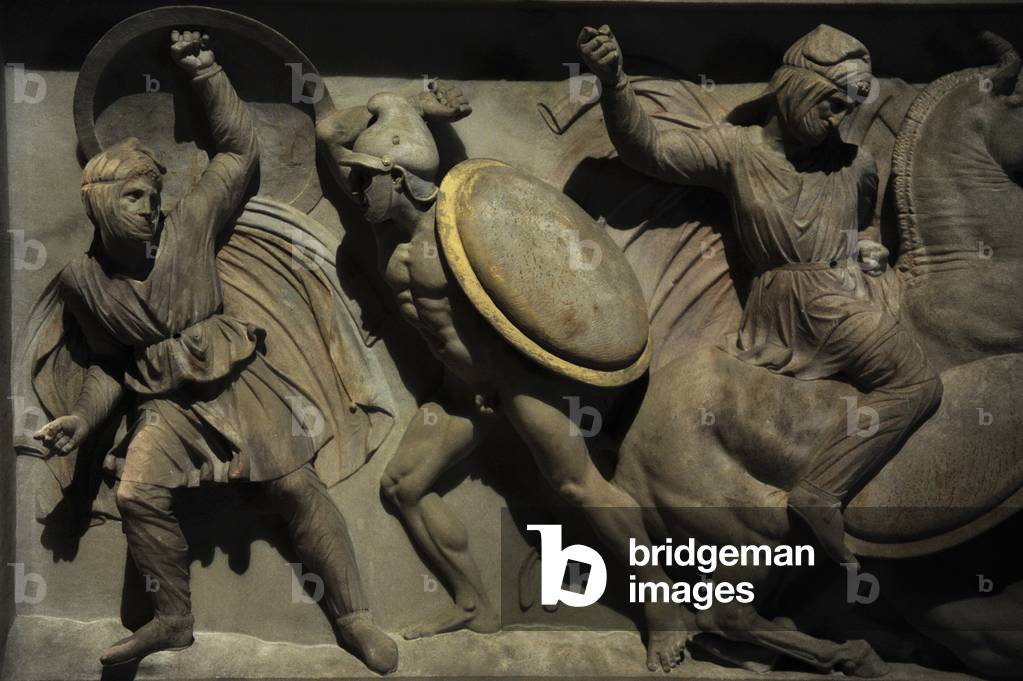 Alexander Sarcophagus. 4th century BC. COLOUR reconstruction. Scene of a battle. From Royal Necropolis of Sidon. Detail.